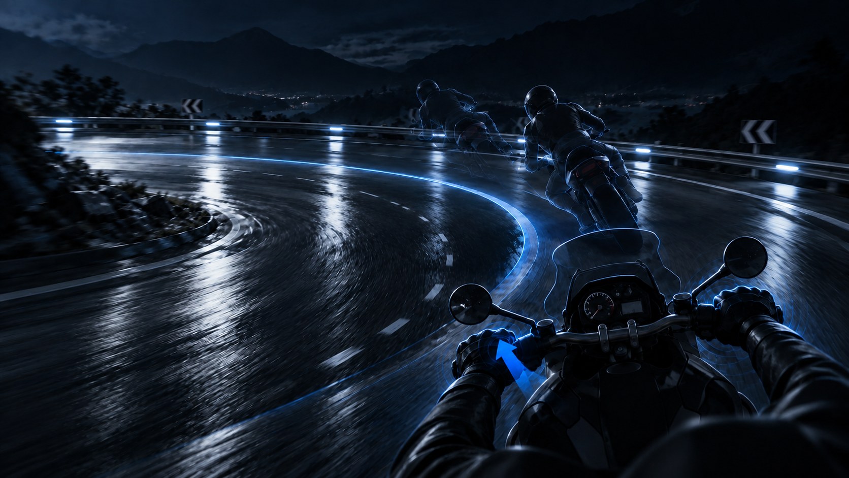 Rider's view into a corner: the inside of the handlebar is pushed forward to start the turn