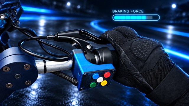 A gloved hand squeezing the MoCo front brake lever, with a braking force meter reading most of the way up