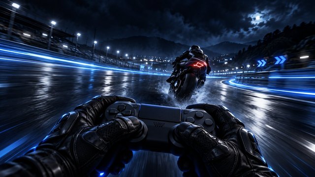 First-person view of gloved hands holding a gamepad while a motorcycle leans into a wet night corner ahead