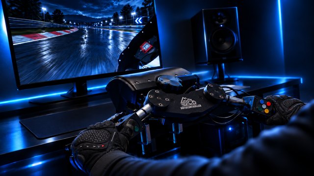 Gloved hands on the MoCo handlebar at a desk, a motorcycle game running on the monitor behind it